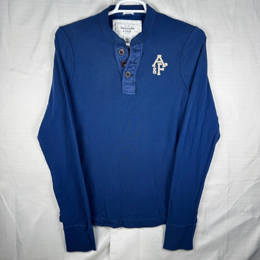 Abercrombie & Fitch Mens XL Muscle Henley Long Sleeve Blue Logo Shirt 216-1