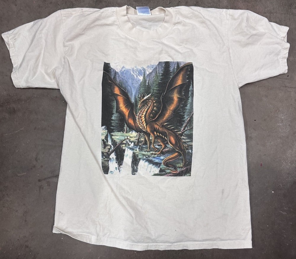 Vintage 90s white t-shirt featuring a detailed Alchemy Gothic dragon