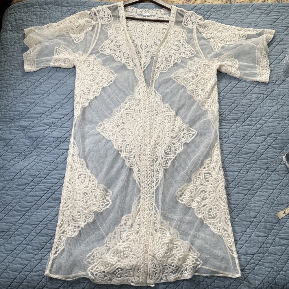 Modern Bohemia Sheer Lace Kimono Duster Women’s M Ivory Embroidered Boho