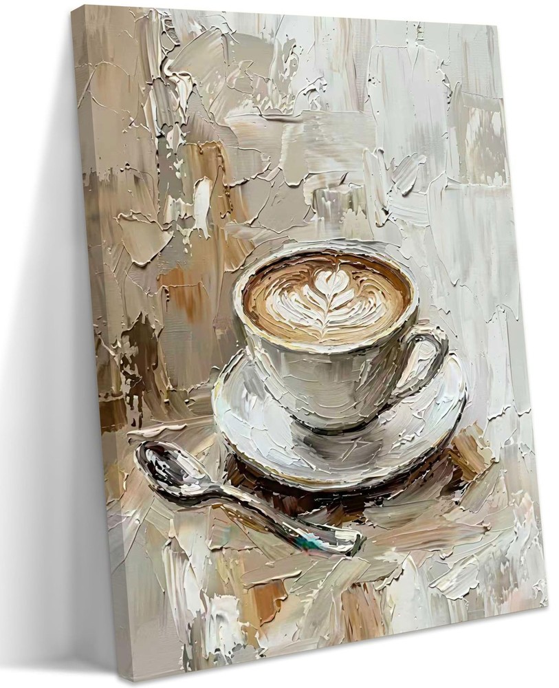 Coffee Cup Canvas Wall Art, Vintage Kitchen Coffee Bar Wall Decor, Neutral La...