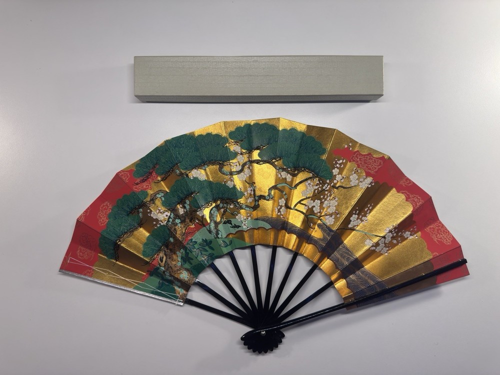 Traditional Japanese Mai Ogi Dance Fan Sensu Gold Silver Pine Bamboo Plum Boxed