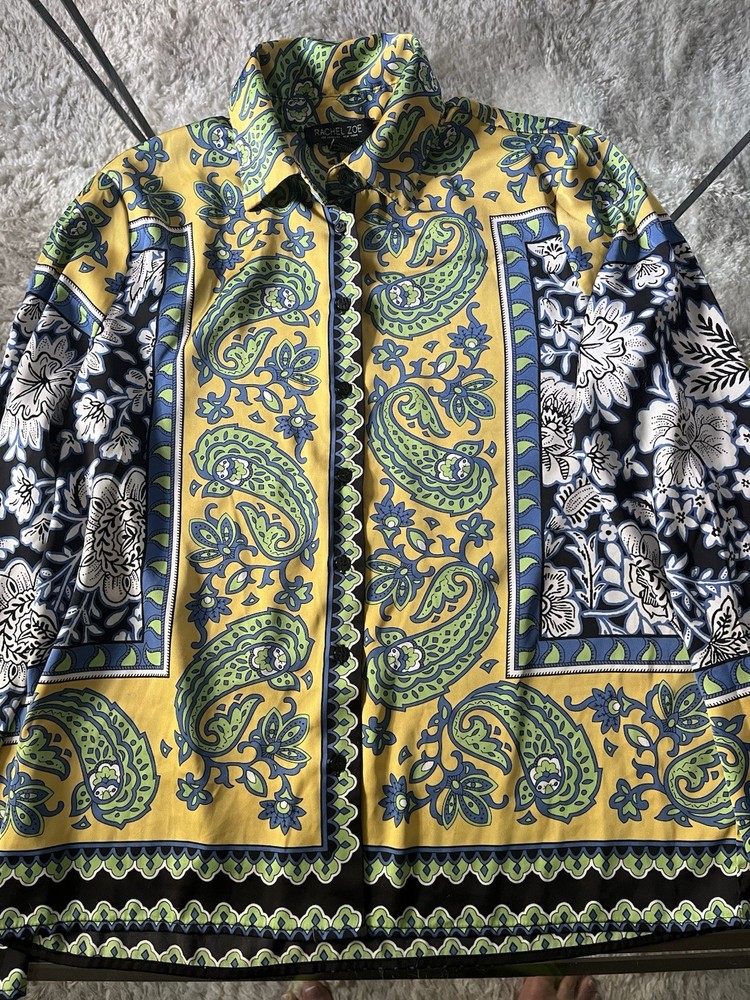 Rachel Zoe Baroque Print Long Sleeve Button Up Blouse Shirt M 100% Rayon