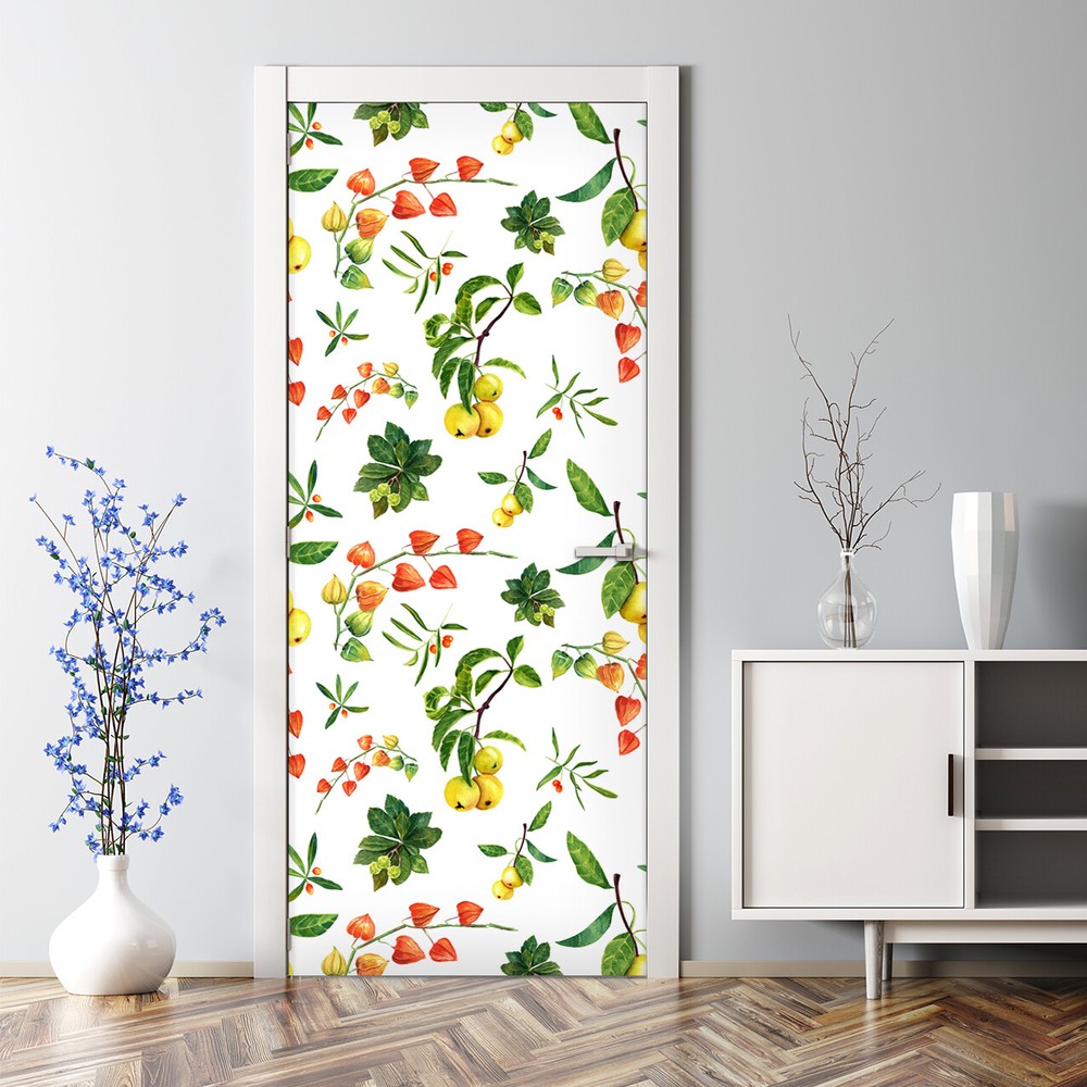 Watercolour Physalis Bubble Free Floral Composition Lemons & Apples Door Sticker