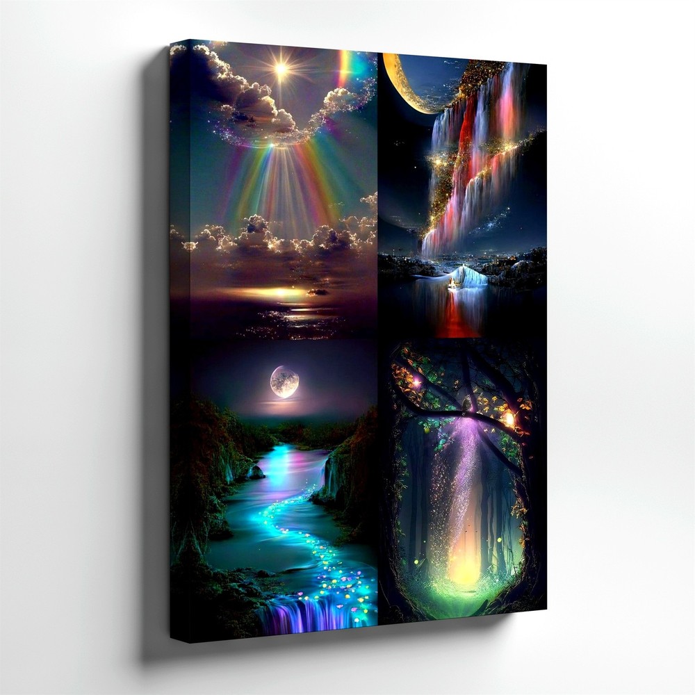 Wall Art Fantasy Landscape Print Celestial Waterfall Moon Forest Canvas Decor