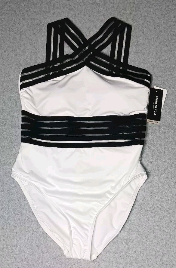 NWT! Kenneth Cole One Piece Bathing Suit Womens Size M White And Black Illusion