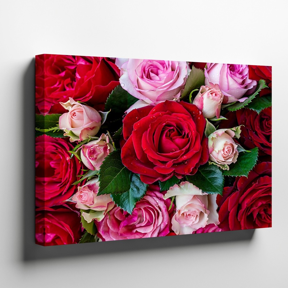 Red and Pink Roses Bouquet Floral Canvas Wall Art Decorative Print for Home