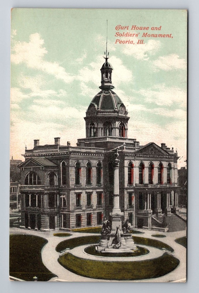 Peoria IL-Illinois, Court House & Soldiers' Monument, Antique Vintage Postcard