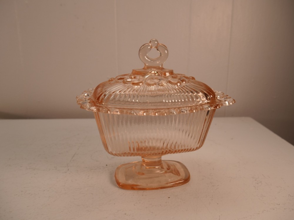 Vintage Indiana Glass Pink Open Lace Edge Pedestal Candy Box Dish with Lid