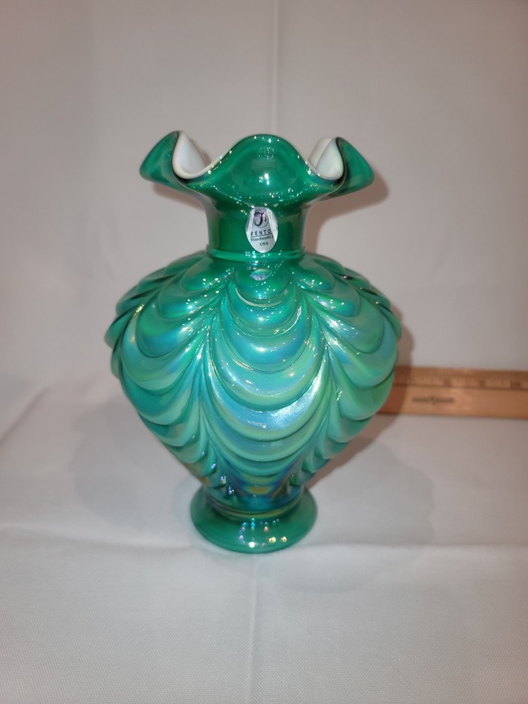 Vtg Fenton Irridescent Emerald Green White Encased 7.5 Inch Drapery Vase