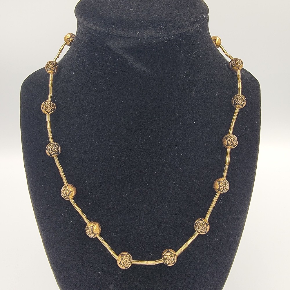 Vintage Gold Tone Rose Bead Necklace Floral Ball Stations 22”