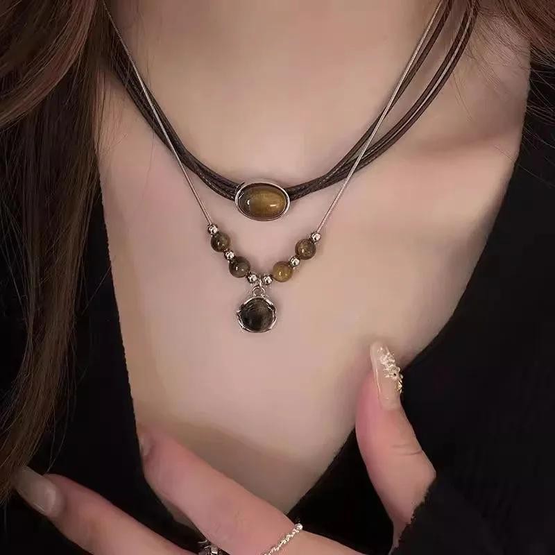 Vintage Brown Stone Pendant Necklace, Leather Choker, Retro Hip Hop Jewelry