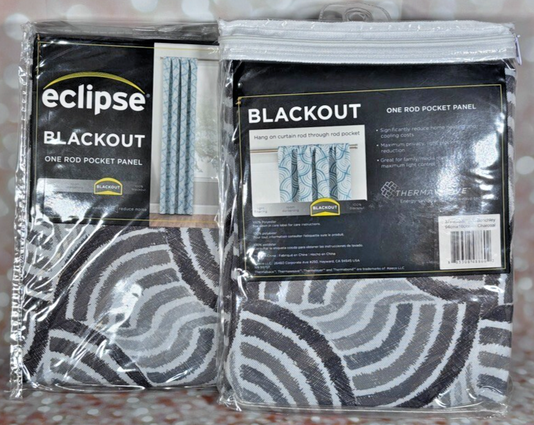 2 Eclipse Blackout Charcoal Curtain Panels 37x63in with Rod Pocket