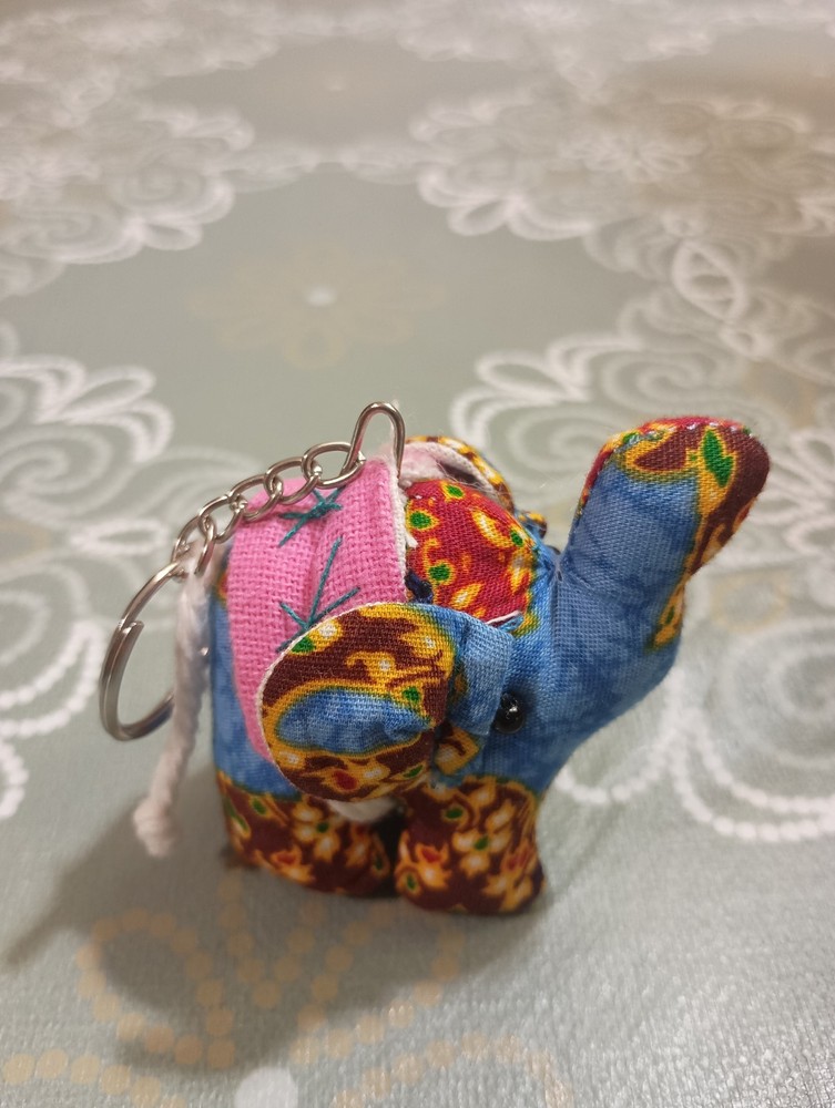 Small Elephant Plush Thai Blue Floral Print Fabric Keychain-2