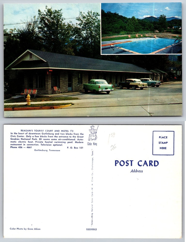 Reagan's Tourist Court Motel Gatlinburg TN Vintage Cars Pool Postcard