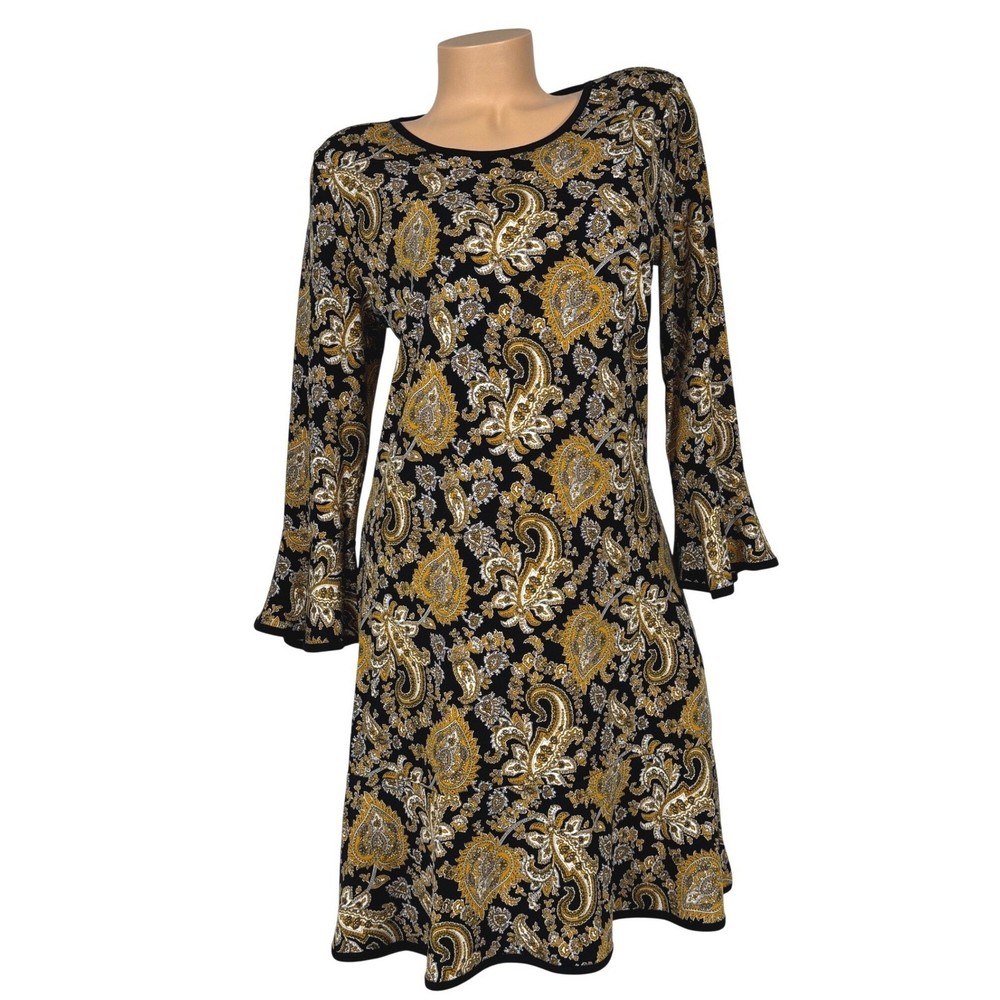 Michael Kors Women's Size Medium Black Yellow Paisley Bell Sleeve Shift Dress