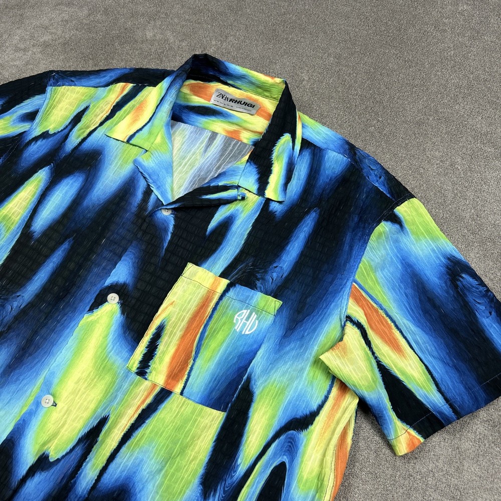 Zara Rhuigi Shirt Mens M Relaxed Abstract Tie-Dye Short Sleeve Camp Loop Lace