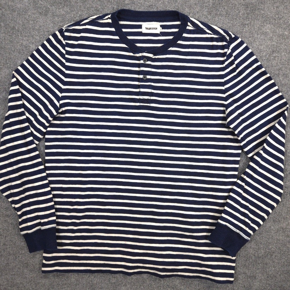 Taylor Stitch Henley Shirt Mens 42 Large Blue Indigo Rinse Striped Long Sleeve