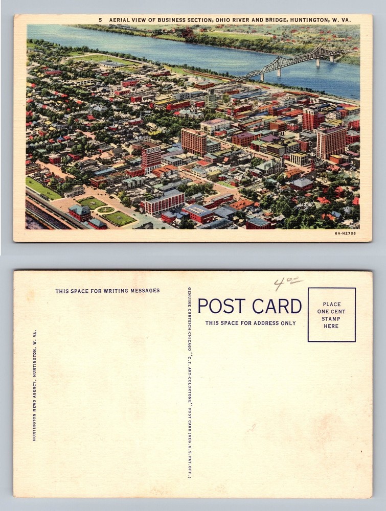 Huntington, WV-West Virginia, Ohio River Bridge Aerial Vintage Postcard