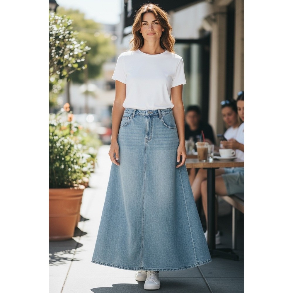 Liz Claiborne Lizwear Denim Maxi Skirt Womens 8 Blue Cotton A-Line High Waist