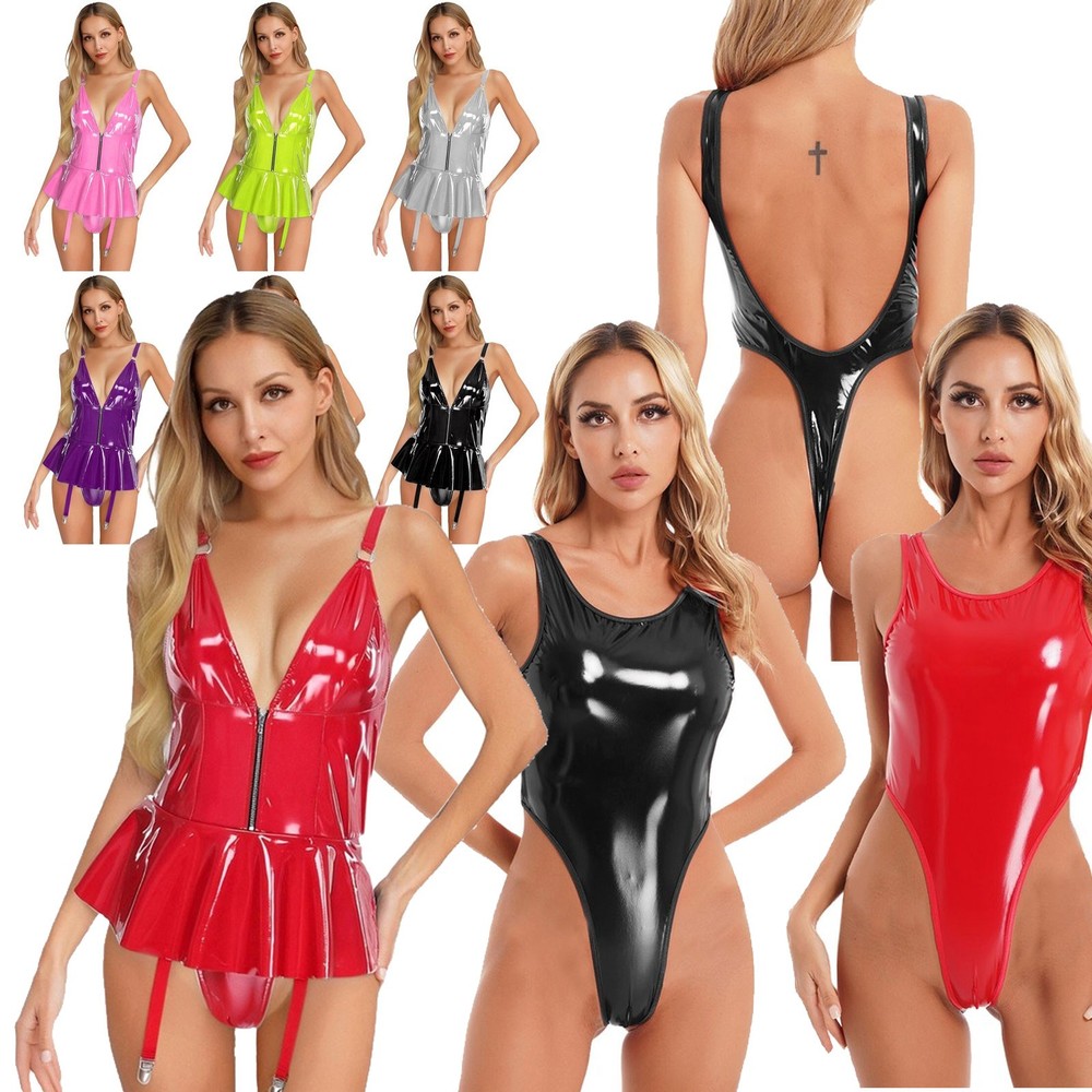 Womens Wetlook Leather Mini Garter Dress Backless Leotard Bodysuits Clubwear
