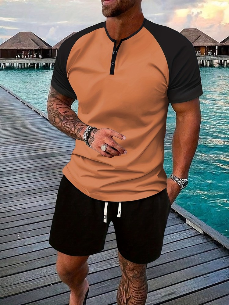 2-Piece Mens Casual Summer Vacation Outfit Set - Color Block Short Sleeve Shirt