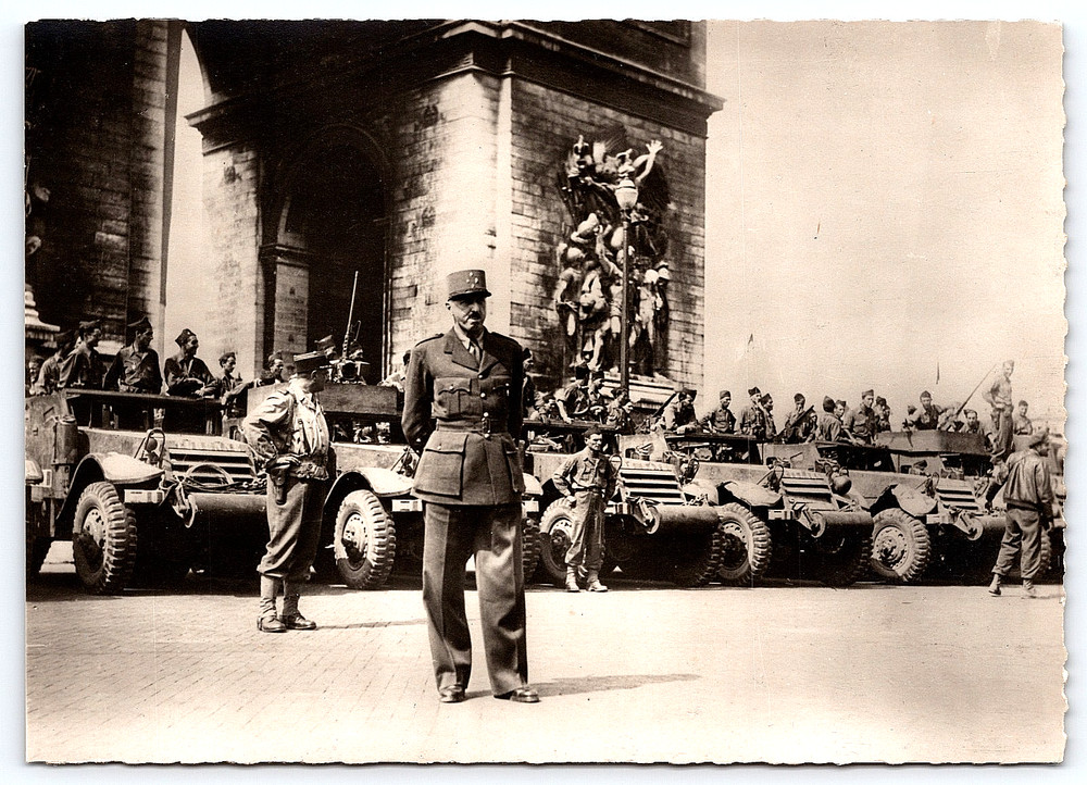 Vintage Real Photo Postcard Ww2 French Military General Men Troops Trucks Paris