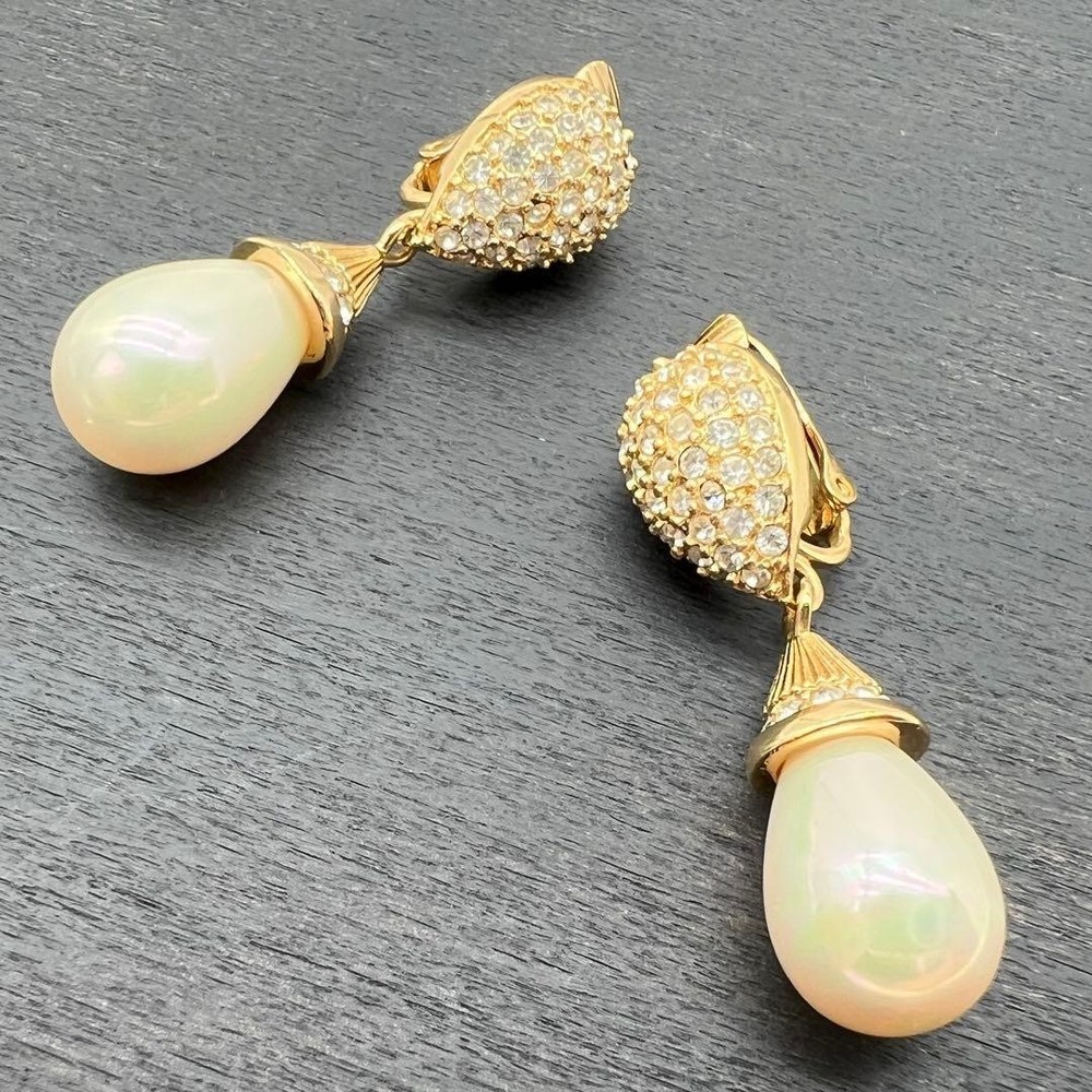 Dior Vintage Earrings Rhinestone Faux Pearl Bijou Gold Tone Clip-On