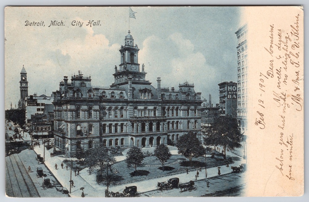 Michigan Detroit City Hall c1907 Horse Carriages Orion MI Undivided Postcard