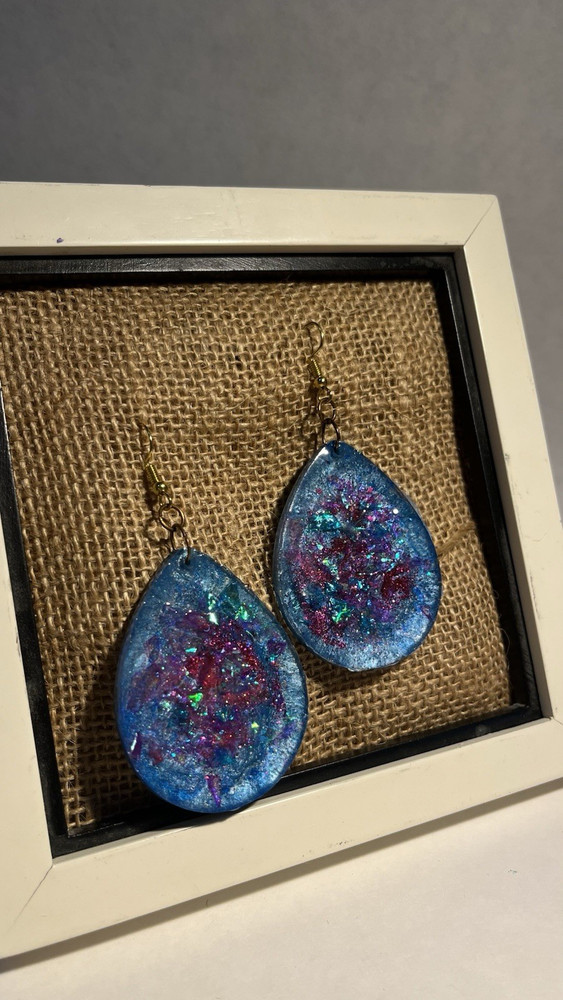 Handcrafted Resin Teardrop Dangle/Drop Earrings Blue Purple Hook
