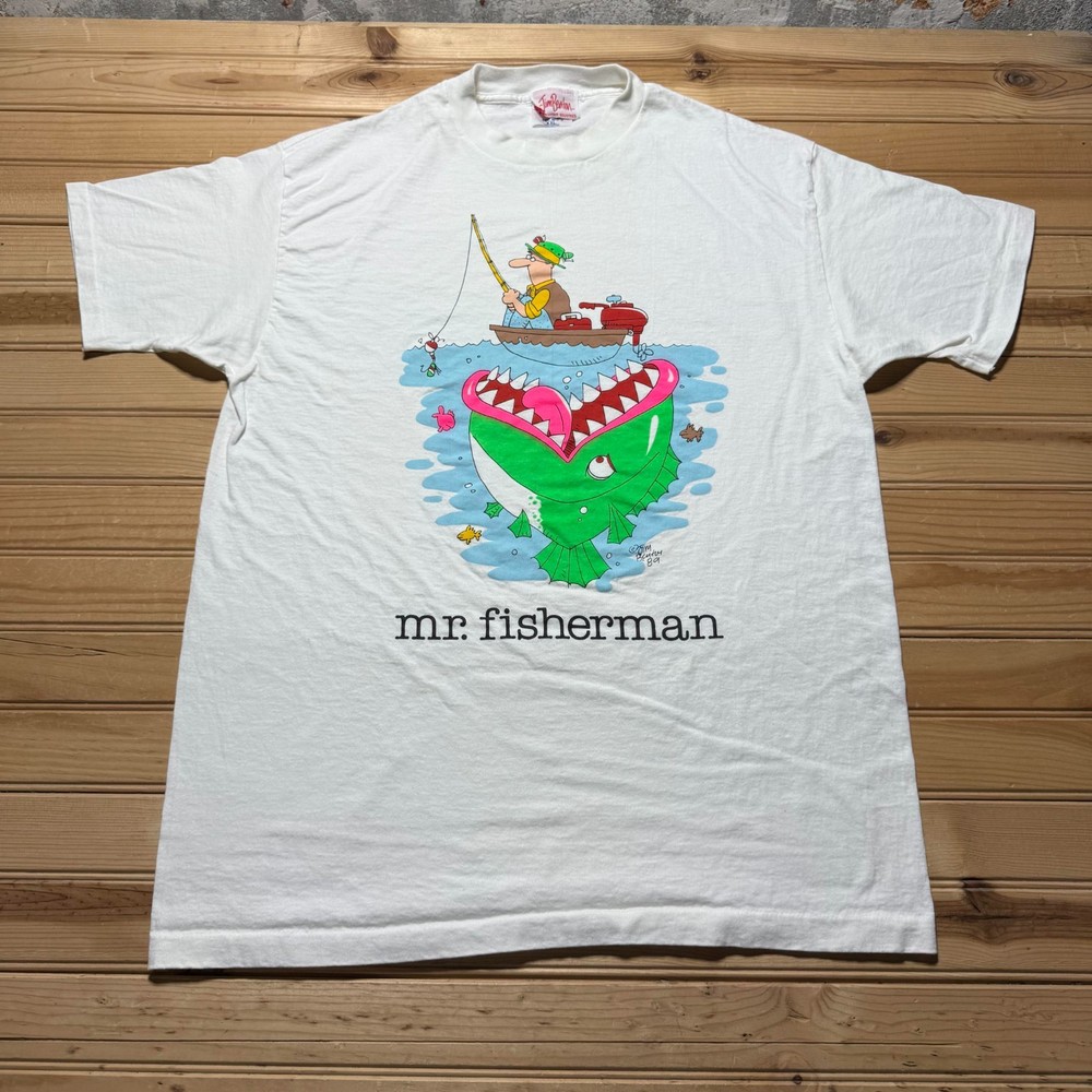 Vintage 1989 Mr Fisherman Fishing Funny Cartoon Comic Art Graphic T-Shirt - XXL