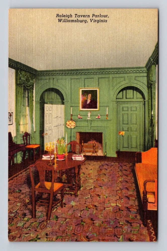 Williamsburg VA-Virginia, Raleigh Tavern Parlour, Antique Vintage Postcard