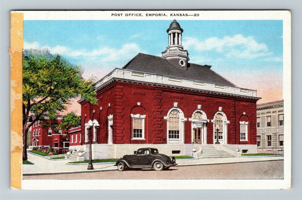 Emporia KS-Kansas, Post Office, Automobile, c1949 Vintage Souvenir Postcard