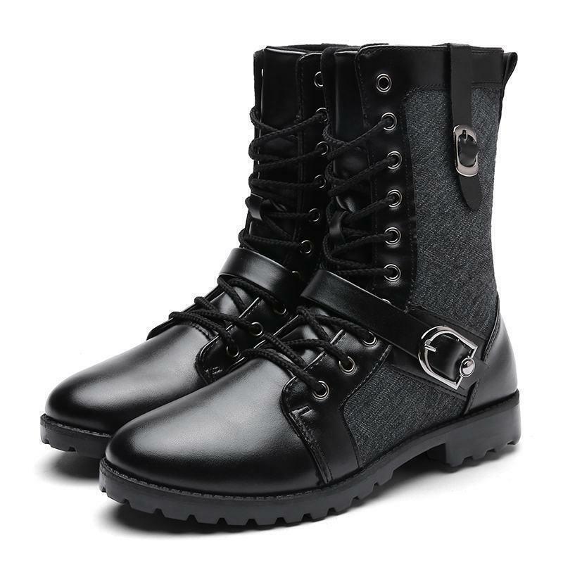 Men's biker Motorcycle Riding Lace Up Buckle Strap Mid Calf Boots Shoes
