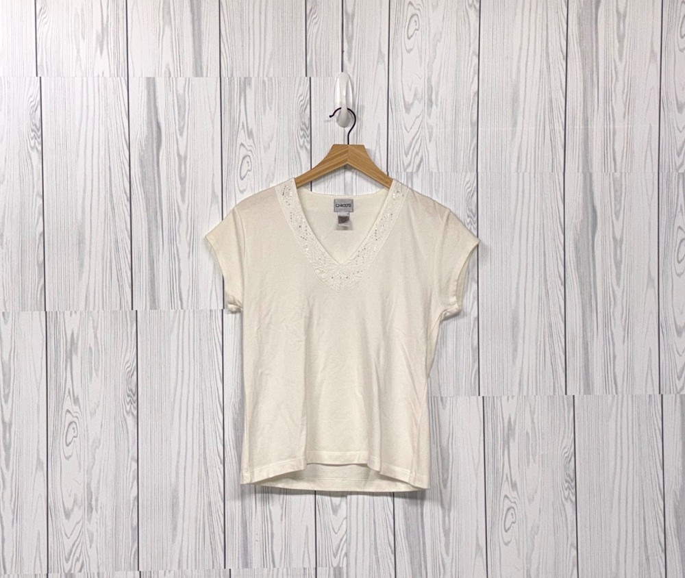Chicos blouse womens size 1 solid white short sleeve pullover basic top