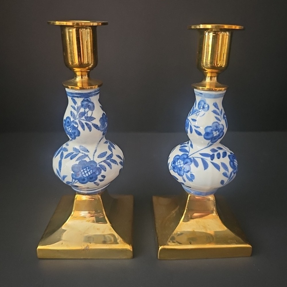 Candle Holders - Antique Pair of Brass / Porcelain Made In Thailand - B6