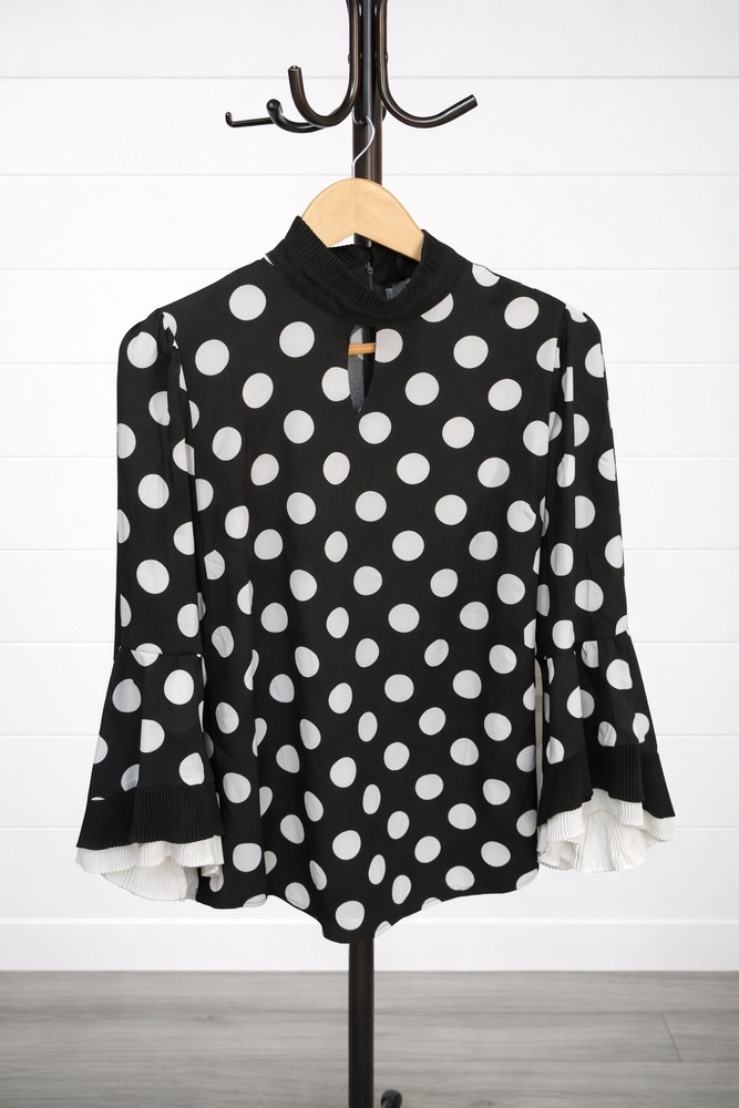 Gracia Black and White Polka Dot High Neck Ruffled Cuff Blouse M
