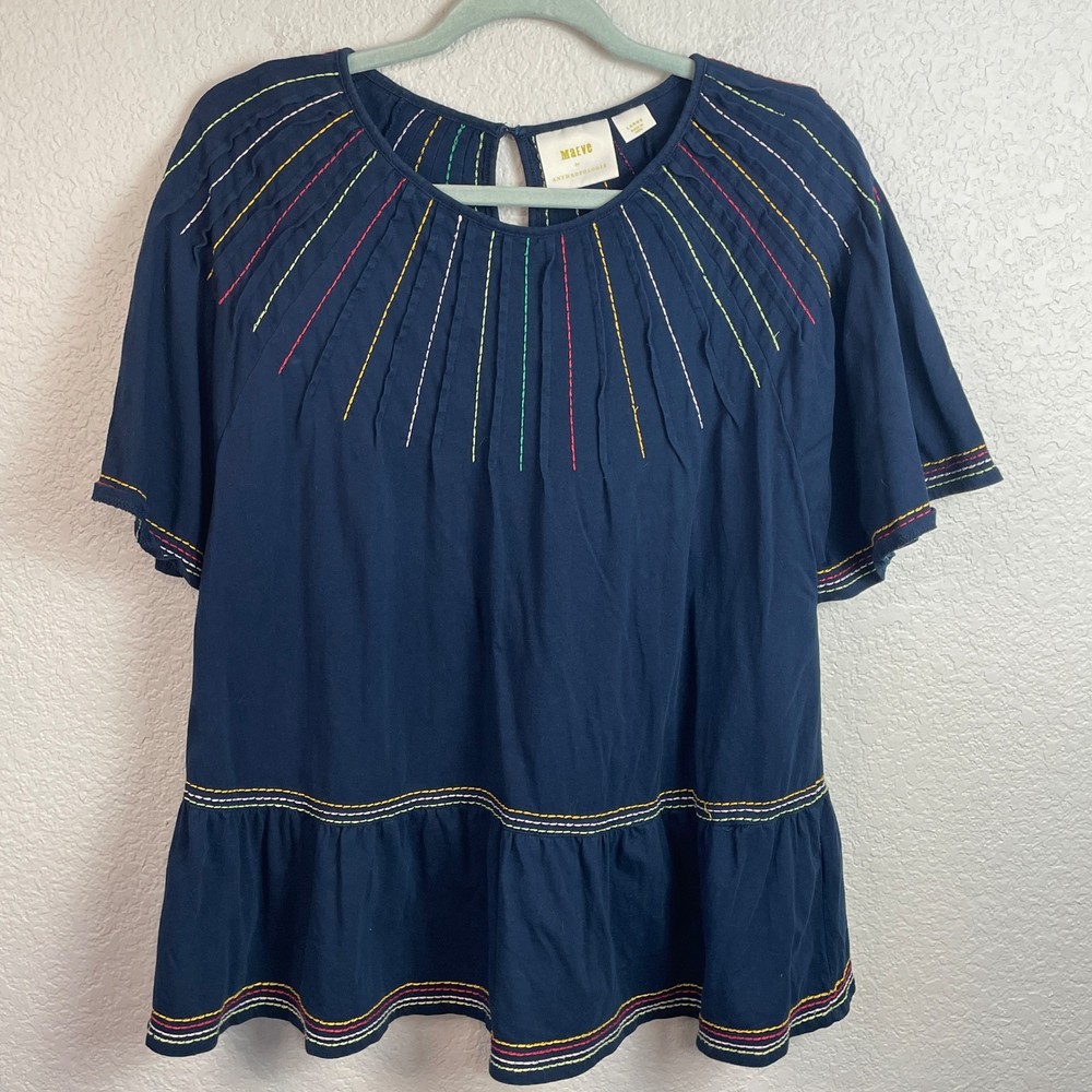 Maeve Anthropologie Chamonix Embroidered Swing Top Large Short Sleeve Relax Boho