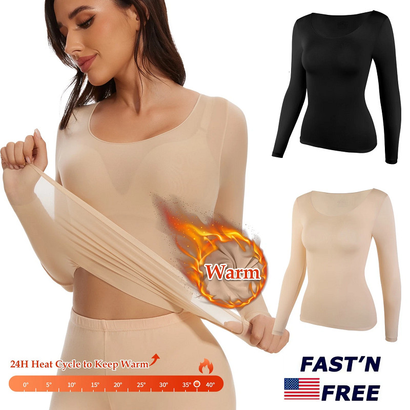Women Silk Long Sleeve Thermal Underwear Soft Tops Ultral-Thin Stretchy Shirt US