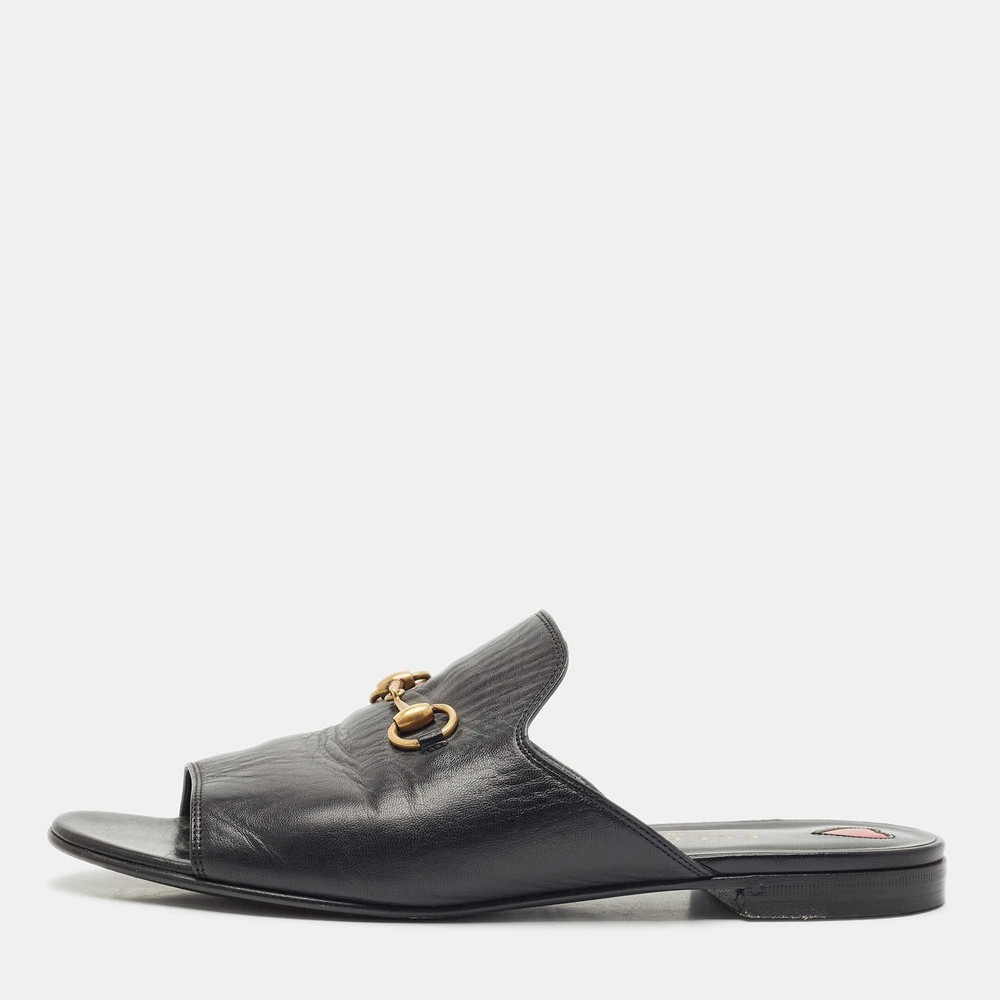 Gucci Black Leather Princetown Horsebit Flat Slide Sandals Size 38