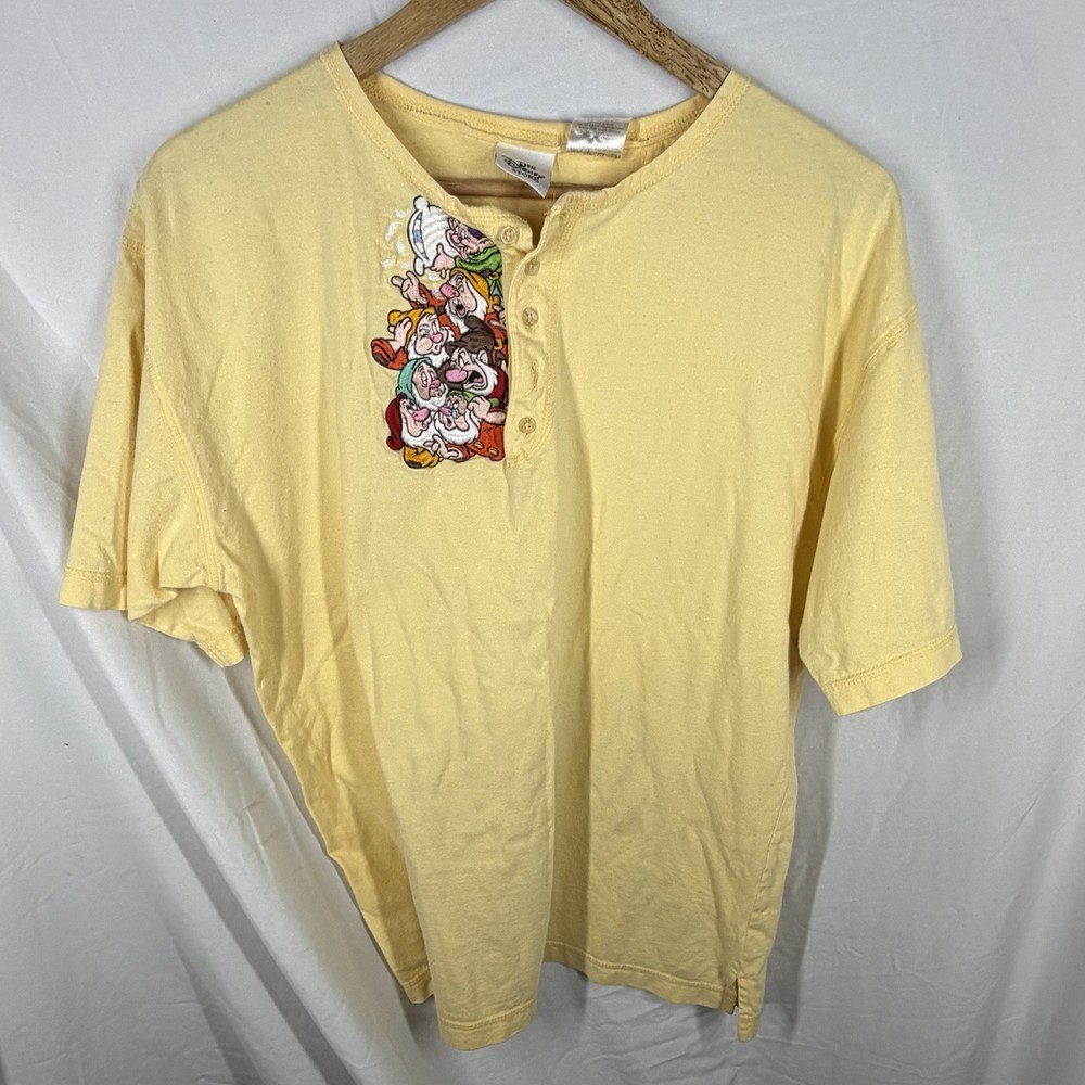 Vintage Disney Store Snow White Seven Dwarfs Shirt L Yellow Embroidered Henley