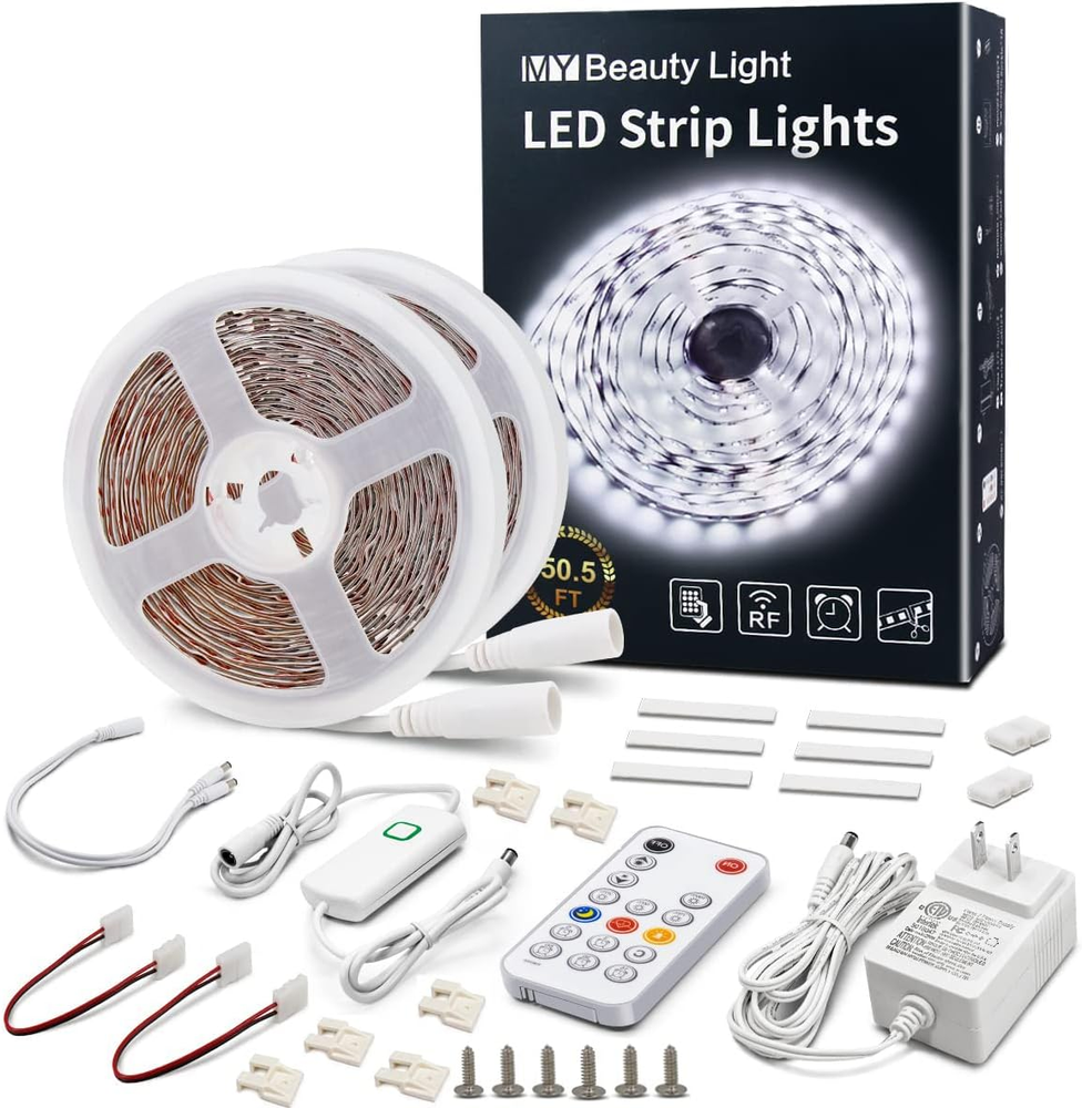 LED Strip Lights White,50.5Ft Dimmable LED Light Strip with RF Remote,924 Bright