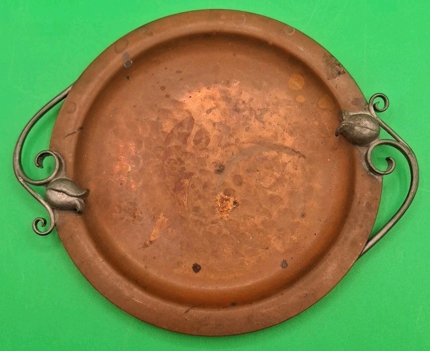 Vintage Nekrassoff Small Hammered Copper 7 inch Dish With Pewter Flower Handles