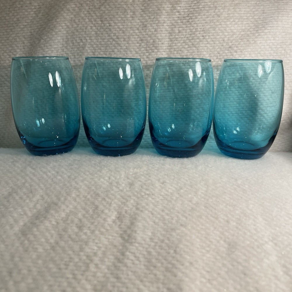 Vtg Turquoise Blue Stemless Wine Glasses Tumblers Beach House Glassware Set 4 16