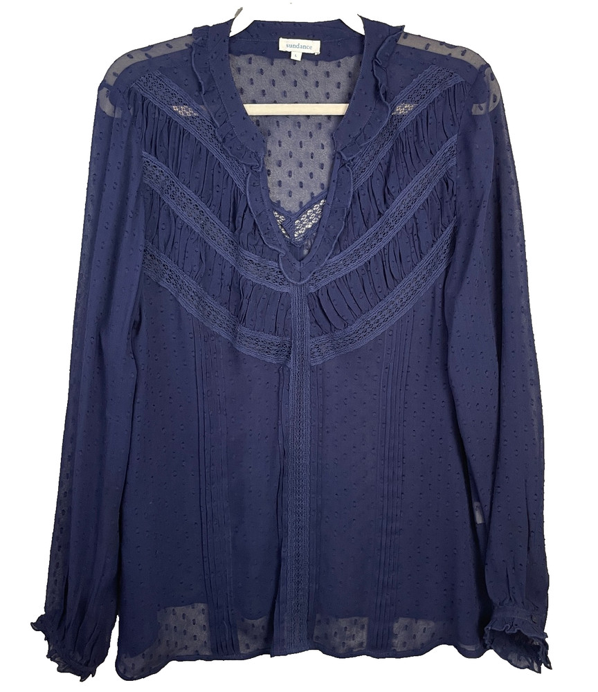 Sundance Top Womens Large Blue Sheer Ruffle Long Sleeve V Neck Blouse Bohemian