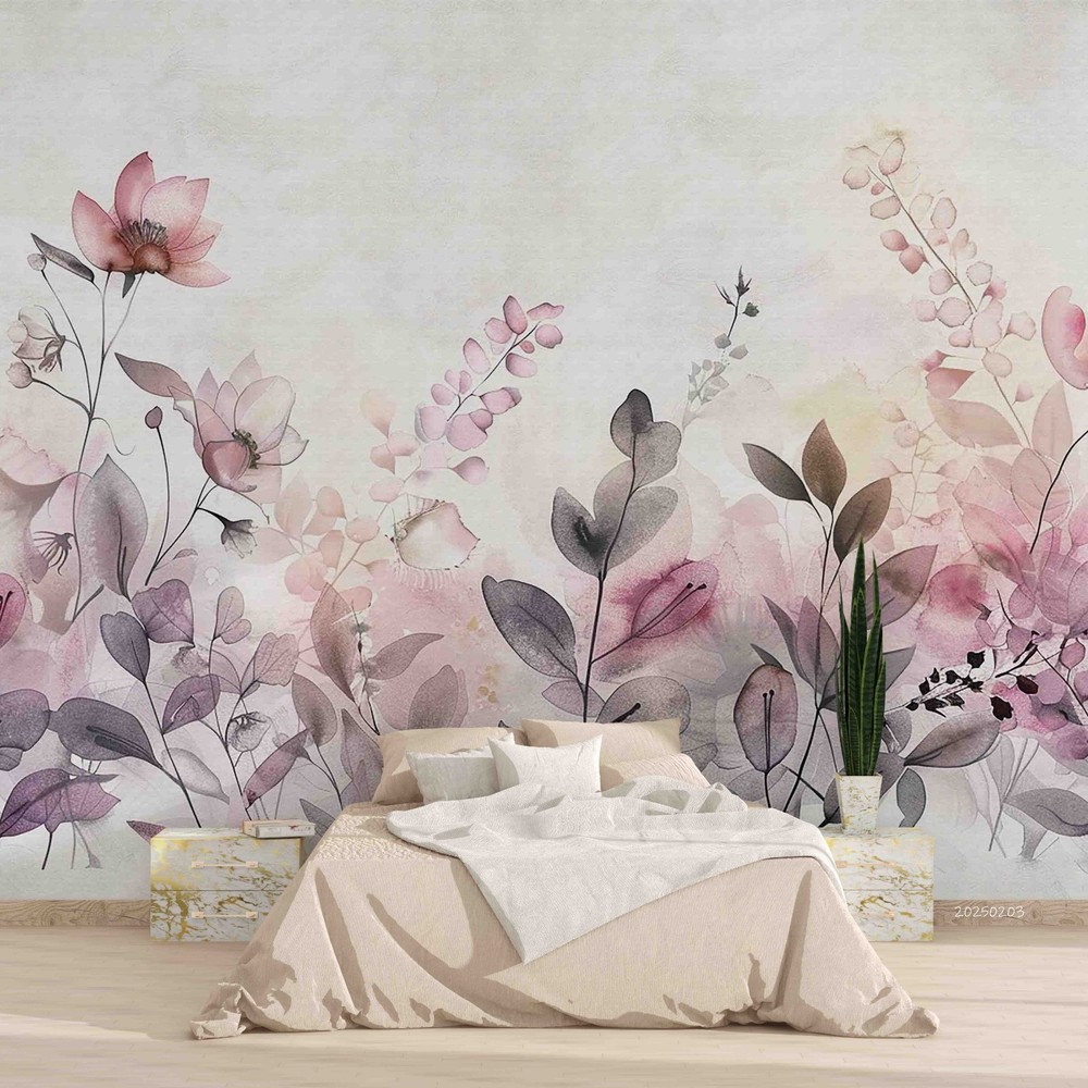 3D Flowers Leaves Flora Watercolor Wall Murals Wallpaper Murals Wall Sticker