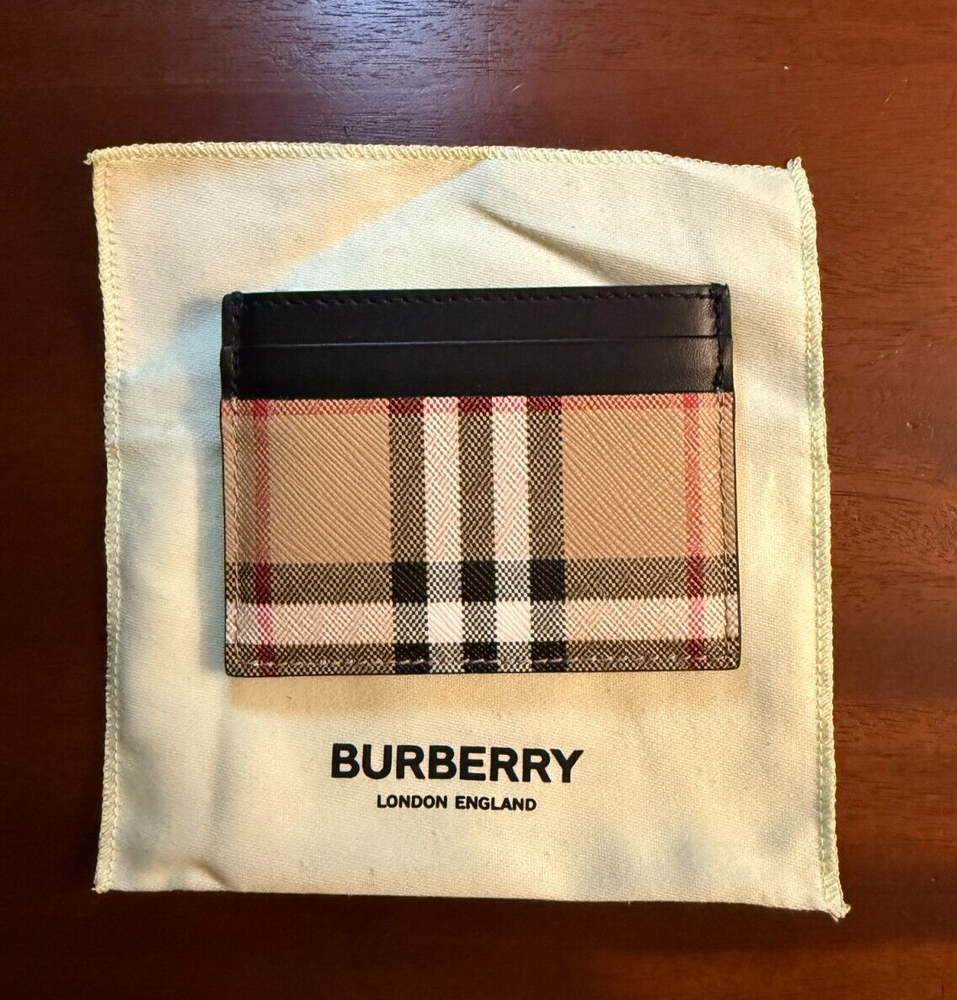 BURBERRY SANDON ARCHIVE BEIGE CHECK BLACKCANVAS CARD HOLDER WALLET NEW WITH TAGS