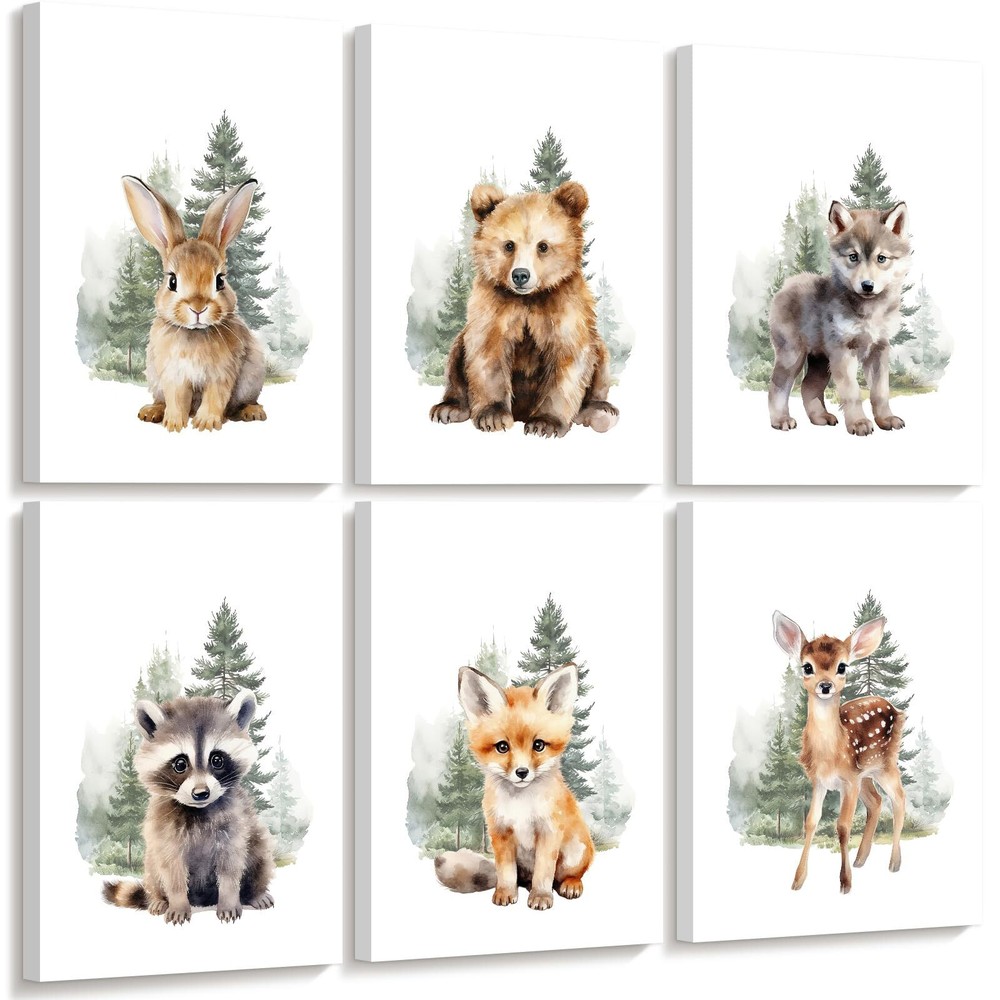 Woodland Animal Nursery Wall Art Decor Set of 6 Baby Boys Room Wall Art Fores...