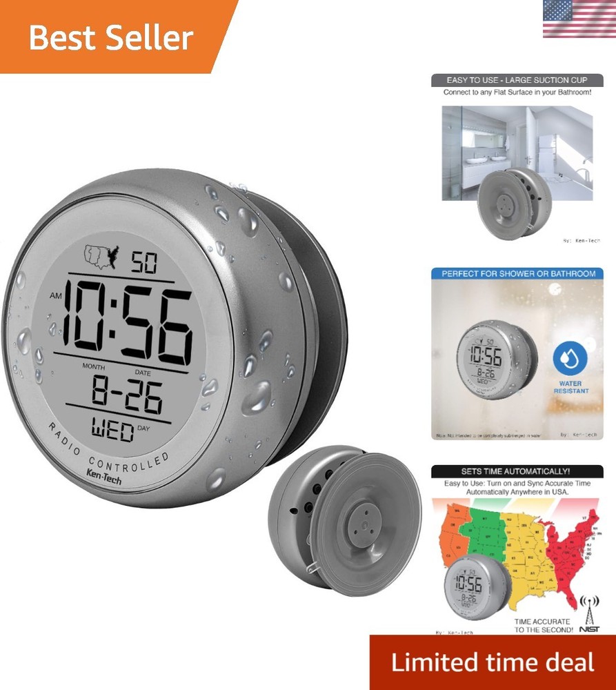 Silver Atomic Clock - Water-Resistant, Suction Cup Mount, Precise Timekeeping-image