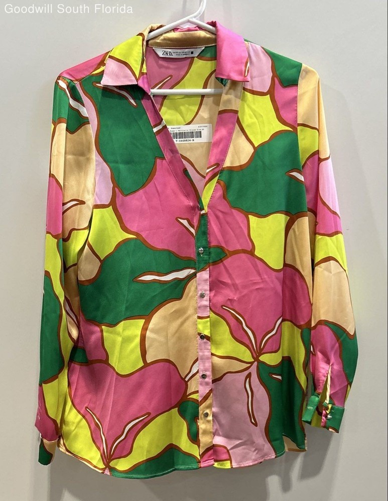 Zara Womens Multicolor Floral Satin Long Sleeve Collared Button-Up Shirt Size XS