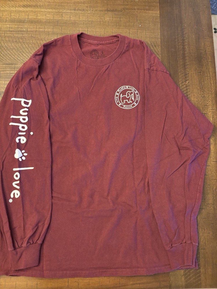 Puppie Love Dog Graphic Logo Tee Red Crew Neck Long Sleeve Cotton L